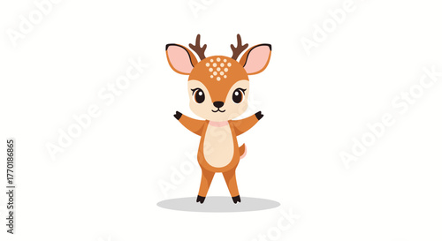 A cute and friendly cartoon fawn with small antlers and white spots, standing happily and waving in a charming vector illustration.