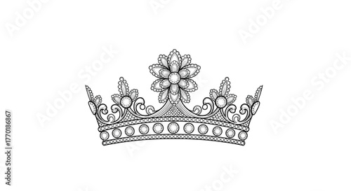 An elegant, ornate vintage-style crown illustration adorned with sparkling jewels and a prominent floral design, isolated on a white background.