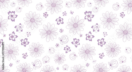 Elegant floral seamless pattern featuring hand-drawn purple and outline flowers scattered across a clean white backdrop.