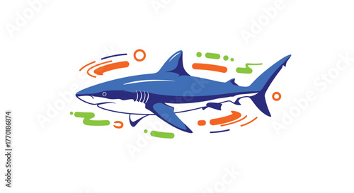Dynamic illustration of a blue shark swimming amidst vibrant orange and green abstract elements on a clean white background.