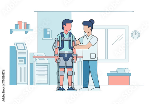 A man receives assistance with an advanced exoskeleton walker from a nurse in a rehabilitation clinic. Modern, supportive, and focused on mobility.