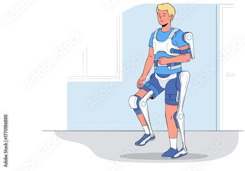 A young man stands with a robotic prosthetic leg, showcasing a simple step UI design. Modern, clean illustration with a blue and grey color palette. Focus on accessibility and technology.