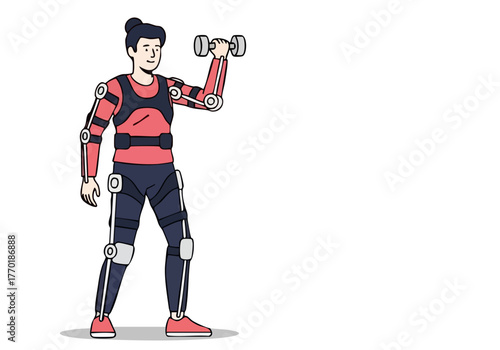 A man performs bicep curls with a robotic exoskeleton. Modern, stylized illustration showcasing smart technology and fitness. Clean, vibrant design.