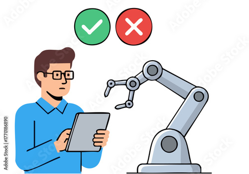 A man reviews a robotic arm using a tablet, indicating approval (checkmark) and rejection (cross). Modern, digital concept illustration.