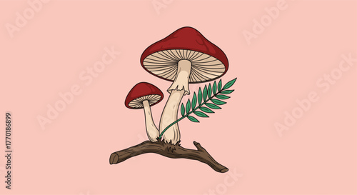 Two vibrant red-capped mushrooms with a fresh green leaf grow from a rustic branch, rendered in a charming nature illustration.