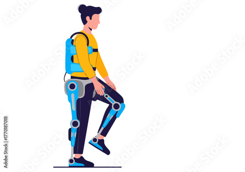 A young man with a robotic exoskeleton walks, showcasing 'Tech Home Open'. Modern, vibrant illustration with a dynamic pose and clear text overlay.