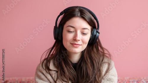 Young woman wearing headphones, smiling softly against a pink backdrop