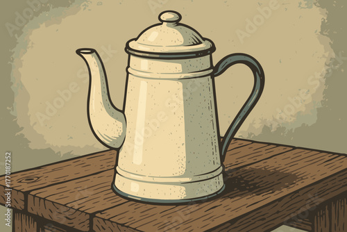 Textured tones coffeepot enamel muted rustic illustration vintage softly table wooden vector