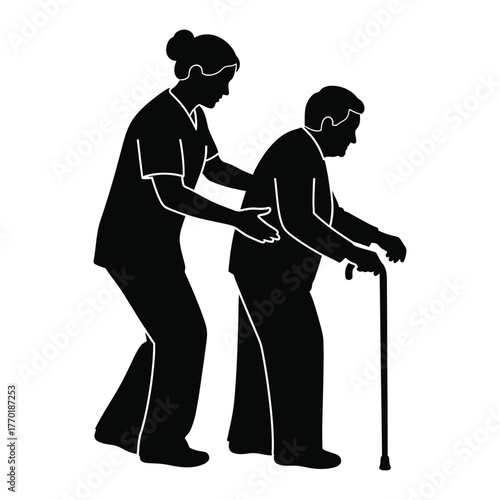 Caregiver assisting elderly man with cane