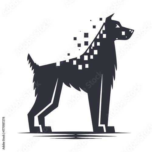 Digital Dog Silhouette Isolated with Pixel Glitch Effect and White Background