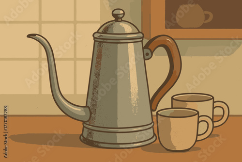 Metal coffeepot near vector cups wooden ambiance illustration retro curved spout cozy