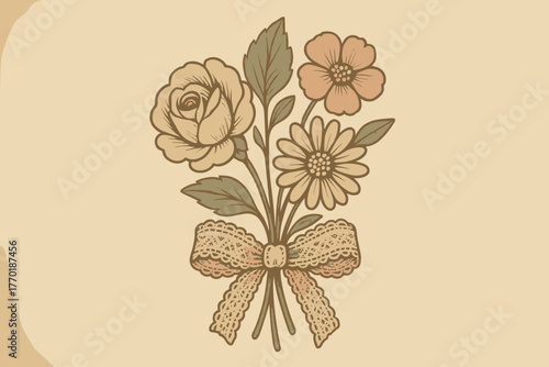 Corsage colored vector vintage tone floral muted softly illustration lace tied bouquet