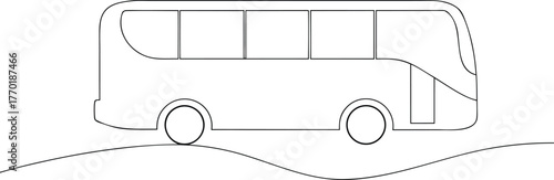 Black and white outline of a tour bus on a wavy road