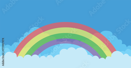 Rainbow with clouds on bright blue sky illustration