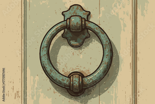 Illustration painted doorknocker knocker heavy faded patina classic retro vector door