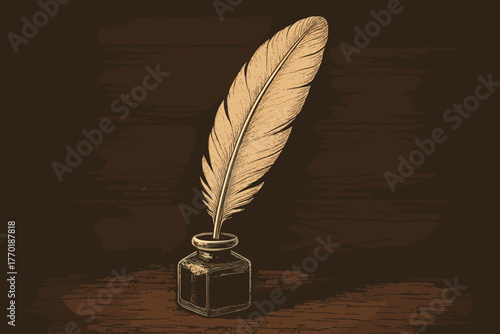 Dark against small vintage glass pen feather background lit vector illustration bottle