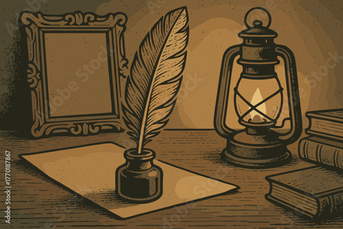 Light vector retro decor illustration lantern glowing feather desk writing vintage