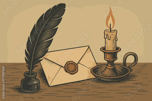 Candle feather holder writing illustration setup quill vector vintage ambiance dark placed