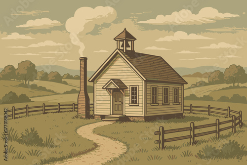 Schoolhouse tones smoke scene muted vintage nostalgic chimney countryside illustration vector surrounded