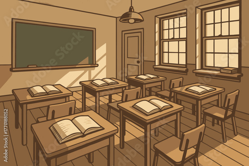 Open desks books interior school vintage classroom streaming grammar light scene vector