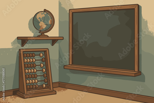 Corner nostalgic illustration classroom wooden tones shelf globe abacus vector retro