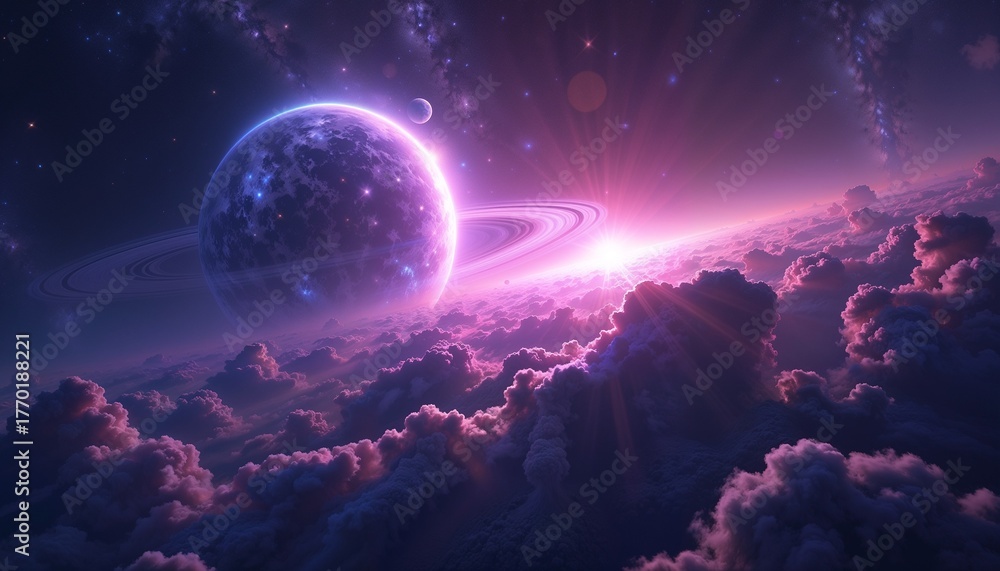 Fototapeta premium A vibrant cosmic scene featuring a large planet with rings, surrounded by colorful clouds and distant stars. The atmosphere is filled with purple and pink hues.