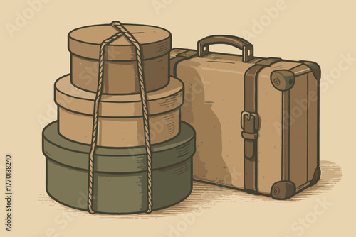 Retro stack tied suitcase vintage vector rope resting travel illustration hatboxes tones