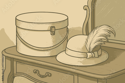 Cream elegant placed hat hatbox vintage tones vanity vector muted display illustration