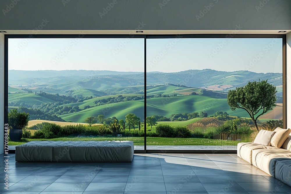Fototapeta premium Scenic Living Room View Of Green Hills