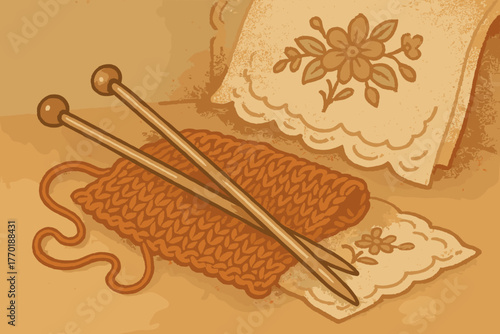Illustration resting knitting scene nostalgic beside vector fabric domestic retro muted