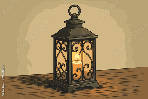 Illustration candlelight vector cage shadows table ornate inside iron lantern