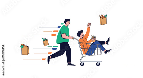 A man rapidly pushes his friend in a grocery cart while shopping bags fly, symbolizing fast delivery and joyful shopping.