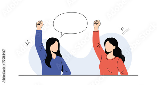 Empowered women stand together with raised fists, symbolizing protest, victory, or a call for action.