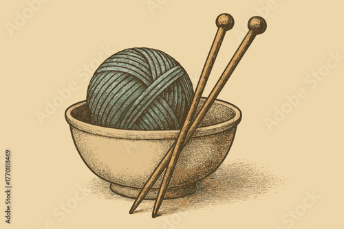 Vector scene illustration bowl vintage retro shaded palette yarn ceramic knitting