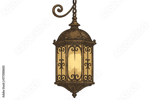 Vector retro tones lantern wrought illustration lit hanging softly golden intricate