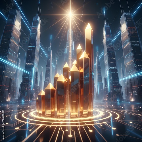 Wallpaper Mural Golden Bar Chart Rising in Futuristic Digital City Symbolizing Growth and Success Torontodigital.ca