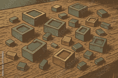 Muted scattered typeblocks vintage retro textured vector wooden rustic old illustration scene