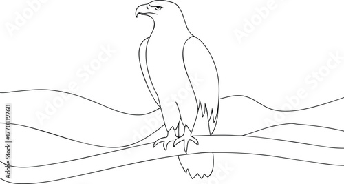 Black outline eagle perched on a branch with wavy background