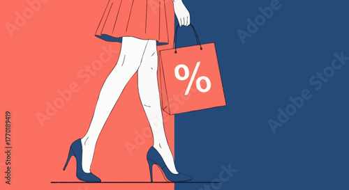 Flat vector of woman legs in heels carrying shopping bag with percent symbol, coral and blue color blocks, minimalist composition for fashion or boutique sale poster