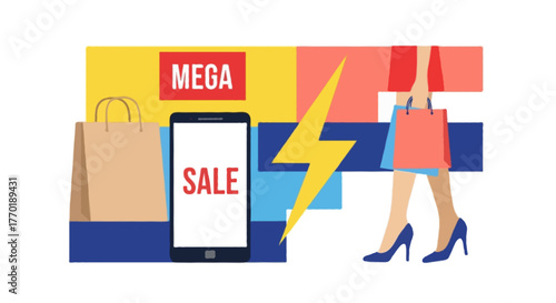 flat vector illustration for mega sale promotion, minimalist geometric poster design with bold color blocks, clean shapes, shopping elements such as paper bag, smartphone showing “SALE”