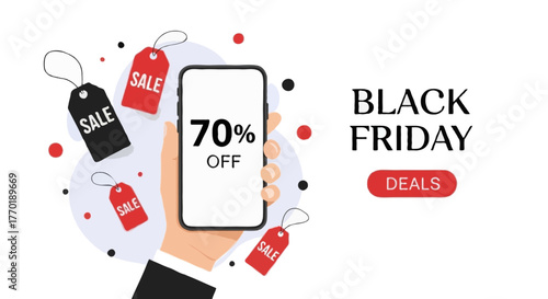 Flat vector illustration for Black Friday sale promotion, faceless hand holding a smartphone showing a “70% OFF” discount