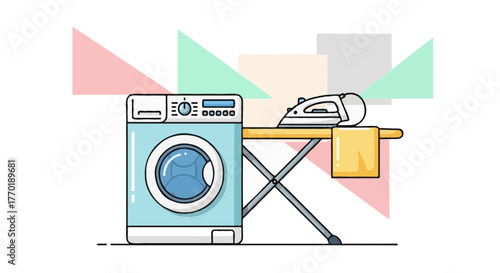 Modern flat vector of washing machine and ironing board in a laundry service setup, abstract pastel geometric background on white canvas, clean bright colors, minimalistic cartoon style, bold outline 