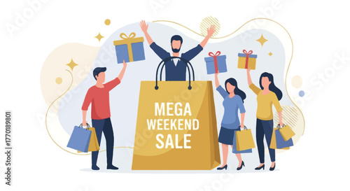 Flat vector illustration of faceless people celebrating shopping day, holding shopping bags and gift boxes in pastel & gold tones, giant elegant shopping bag in the center with text Mega Weekend Sale