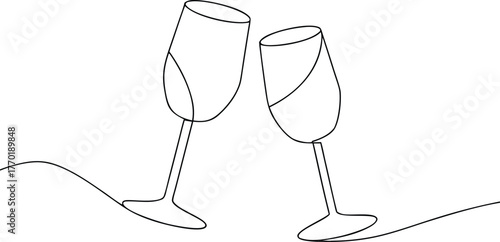 Two champagne glasses clinking together line art toasting