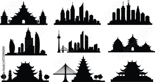 City skyline silhouettes, modern skyscrapers, East Asian temples, pagodas, cultural landmarks, urban architecture, traditional buildings, travel concept, heritage art, black outline, vector