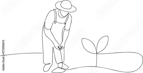 Farmer tending to a seedling in a minimalist line drawing