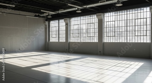 Sunlit Industrial Space with White Floors - An expansive empty space featuring large windows and sunlight on the white floor. Symbolizing potential, opportunity, light, minimalism, and spaciousness