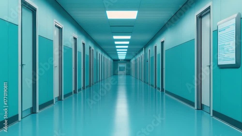 Long and Empty Hospital Corridor with Bright Lighting and Turquoise Walls in a Modern Medical Facility 4k video footage