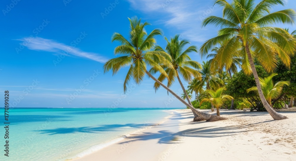 Fototapeta premium Tropical Beach Paradise Scene - Pristine white sand beach meets turquoise water under a bright blue sky with swaying palm trees. Ideal for travel, vacation, and relaxation themes