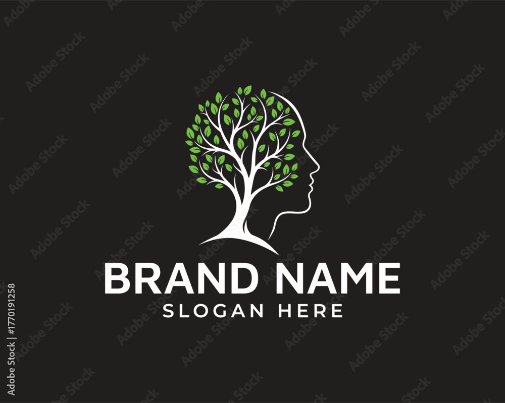 Obraz premium Human head profile with tree and leaves, symbolizing growth and nature, isolated on white background